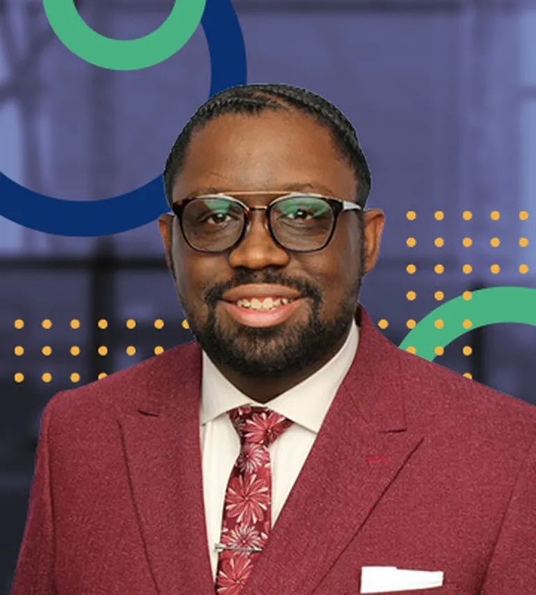 Professional bio photo of Sean Connor overlayed upon the NRF Emerging Leaders brand colors of blue and green.