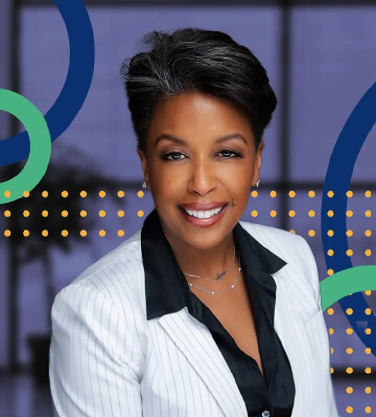 Professional bio photo of Kimberly Lee Minor overlayed upon the NRF Emerging Leaders brand colors of blue and green.