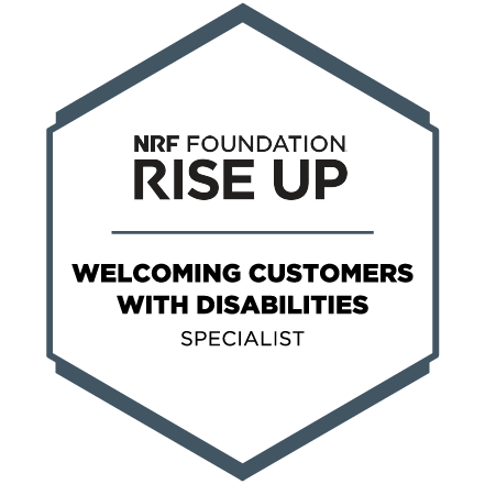 A NRF Foundation RISE Up hexagon that represents the certification for the Welcome Customers with Disabilities Specialist course.