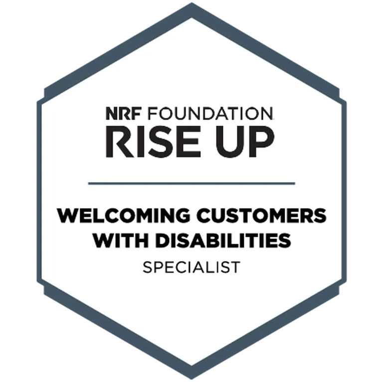A NRF Foundation RISE Up hexagon that represents the certification for the Welcome Customers with Disabilities Specialist course.