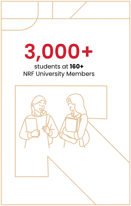 Illustration of two students holding books and talking, inside a large letter R outline. Text above reads: ‘3,000+ students at 160+ NRF University Members’ in bold red and black font.