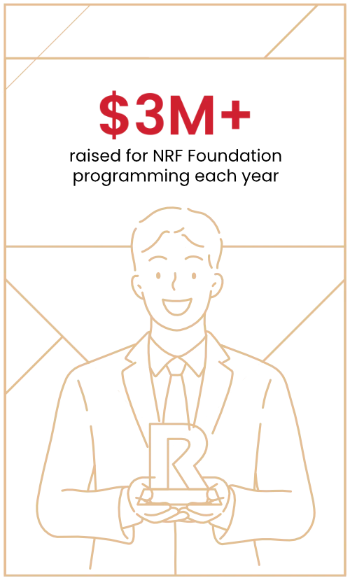 Illustration of a person in a suit holding an award shaped like the letter R. Text above reads: $3M+ raised for NRF Foundation programming each year in bold red and black font.