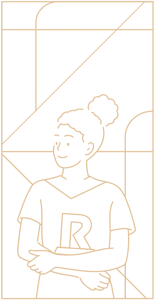Illustration of a person standing with arms crossed around an award shaped as the letter R. Background features geometric line patterns.
