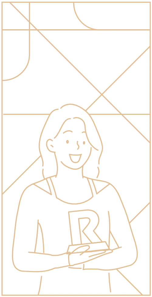 Illustration of a person in a dress holding an award shaped like the letter R. Background features abstract geometric lines.