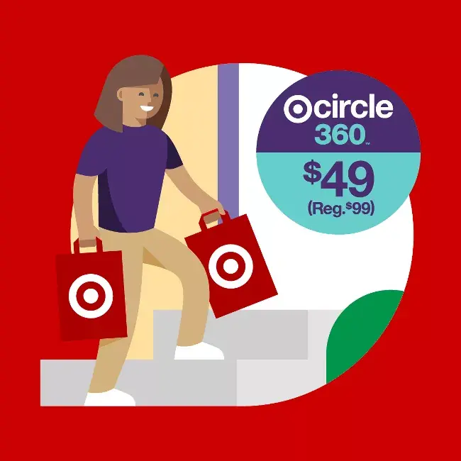 Illustration of a woman carrying two red Target shopping bags while walking up stairs. Next to her is a circular graphic promoting “Target Circle 360” for $49, regularly $99, on a red background.