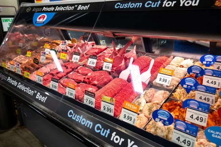 A meat case in a grocery store