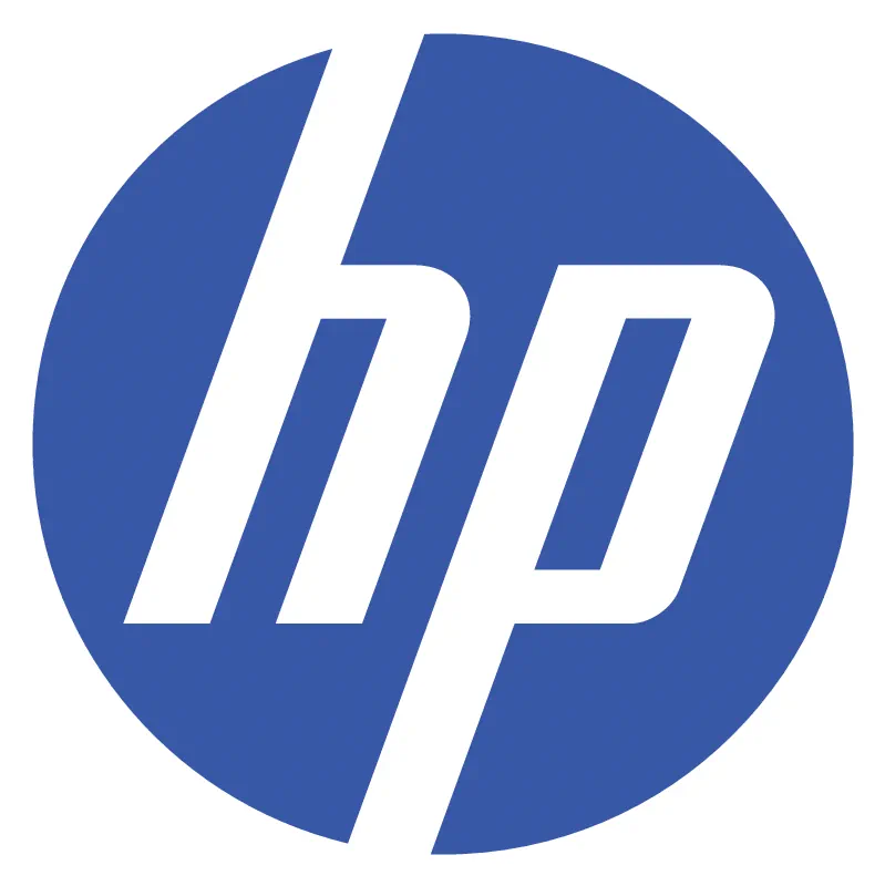 HP logo with lowercase letters h and p in white, enclosed in a solid blue circle.