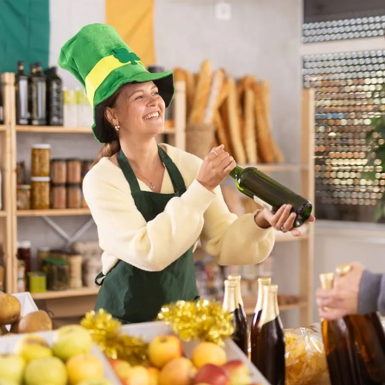 A small retailer dressed in St. Patrick's Day accessories.