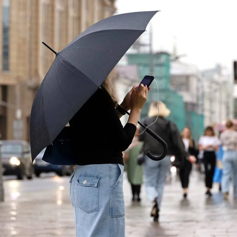 A person on their phone and holding an umbrella.