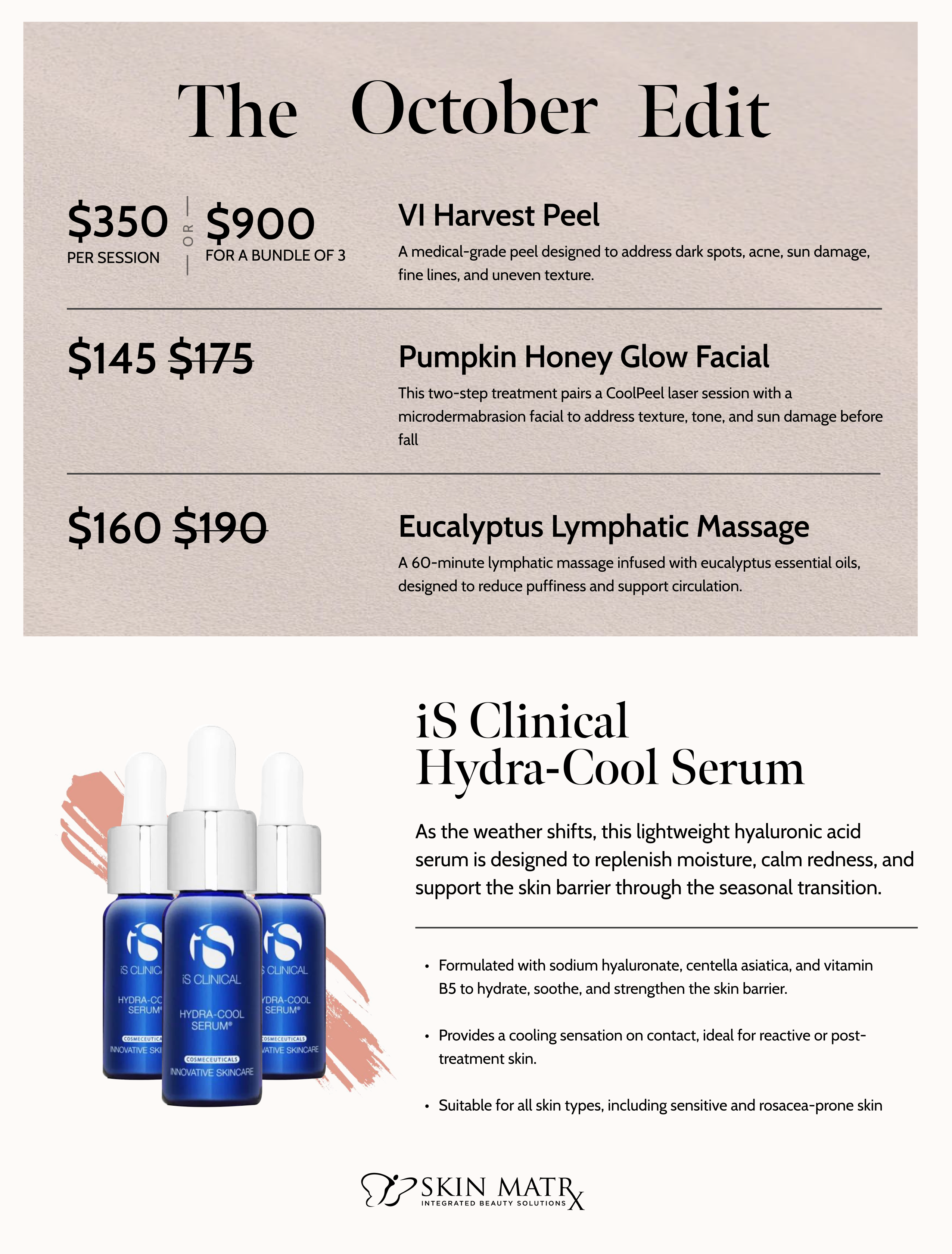 Promotional flyer for October featuring skincare treatments like VI Harvest Peel, Pumpkin Honey Glow Facial, Eucalyptus Lymphatic Massage, and Hydra-Cool Serum.