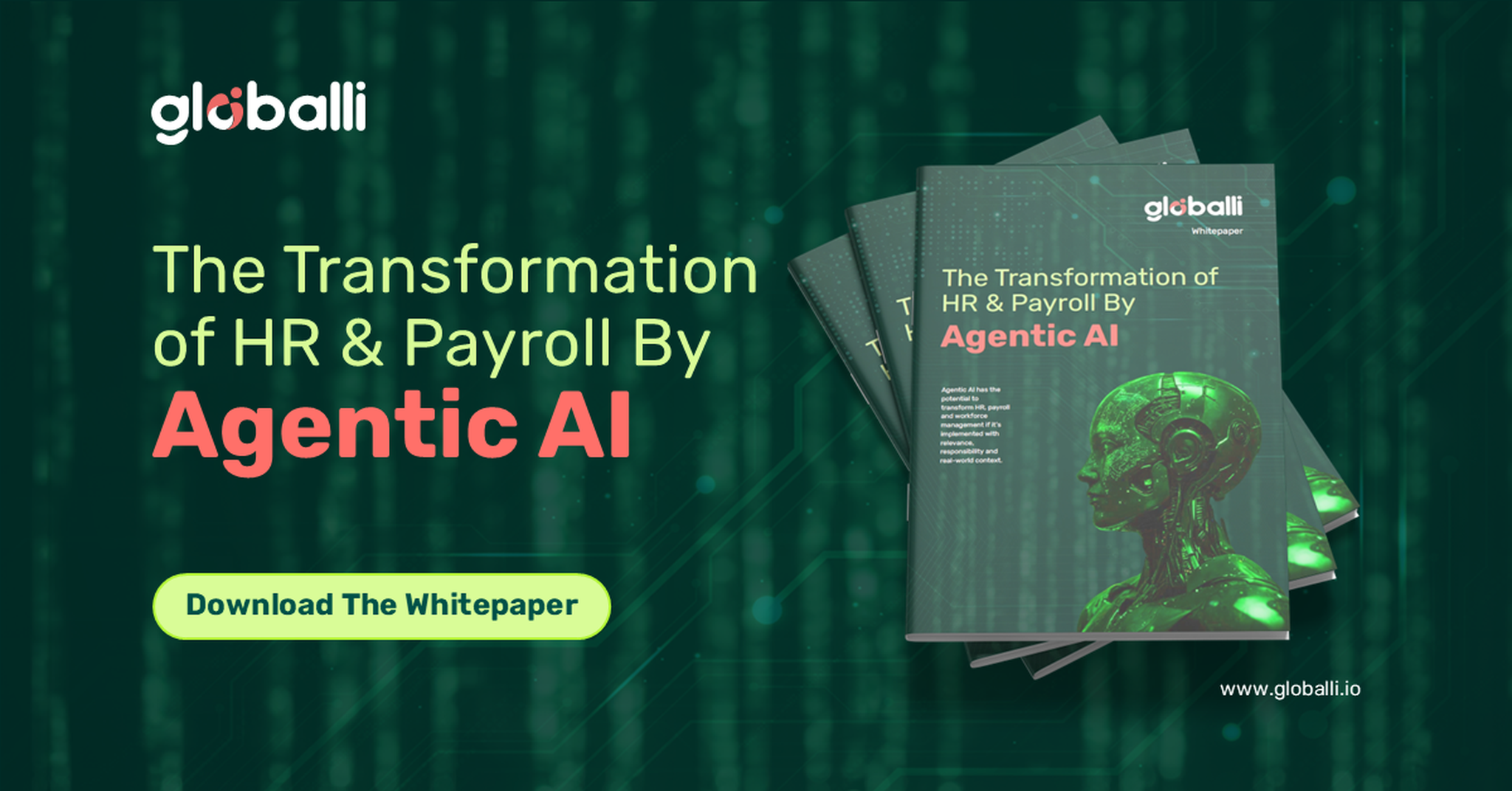 Cover image of a whitepaper titled "The Transformation of HR & Payroll by Agentic AI" with digital futuristic graphics. Includes download button.