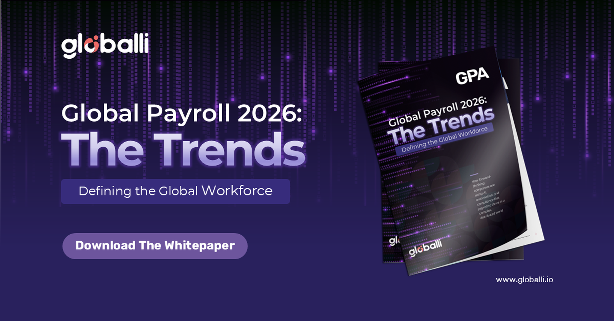 Global Payroll 2026 whitepaper cover and download prompt, featuring trend analysis on the global workforce. Background of digital lines.