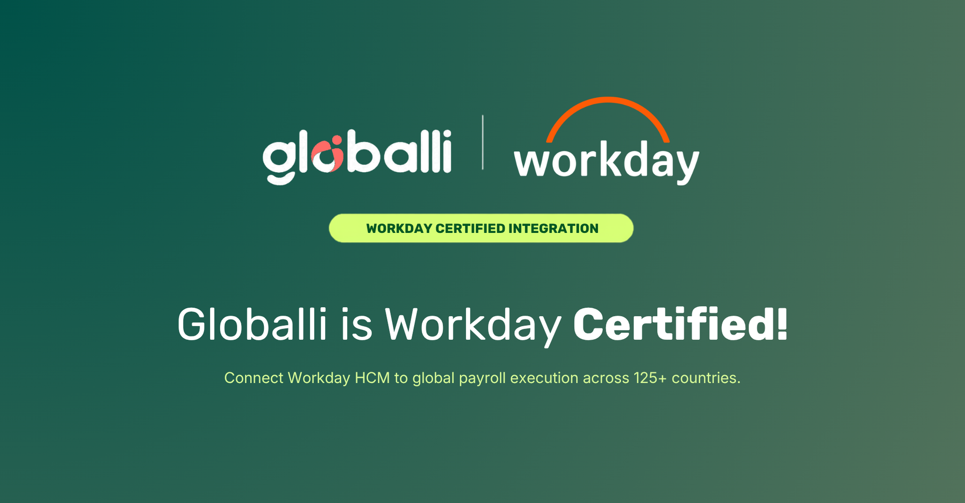 Globalli is Workday Certified. Connects Workday HCM to global payroll in over 125 countries. Green gradient background.