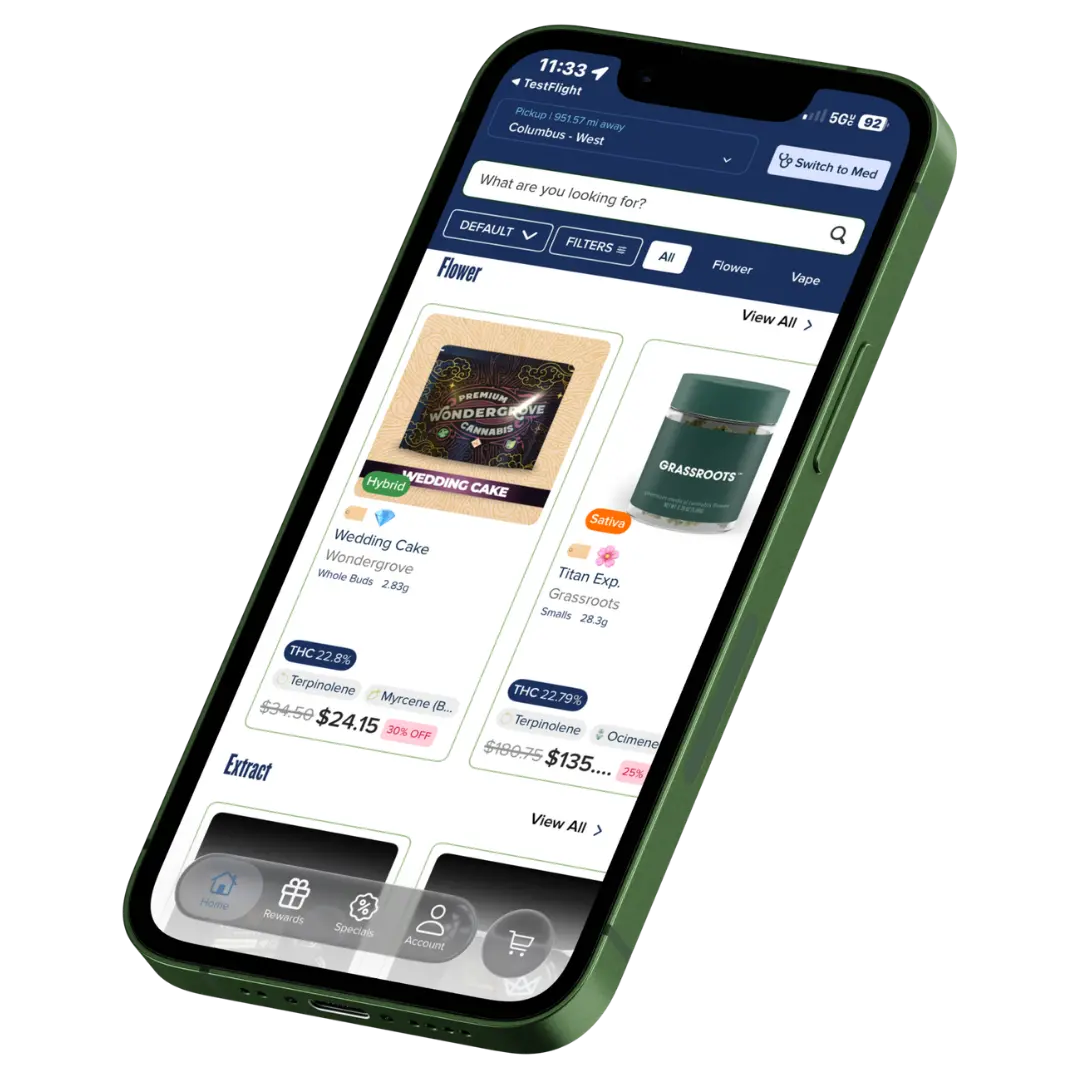 bloom dispensary app online ordering tab featuring flower strain products