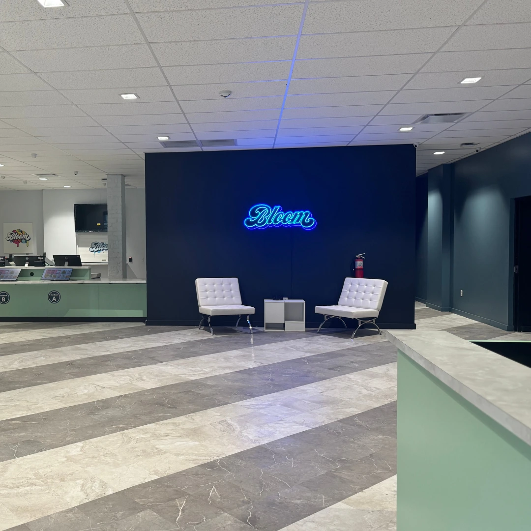 Bloom cannabis athens dispensary instore seating lounge seats for medical and recreational customers