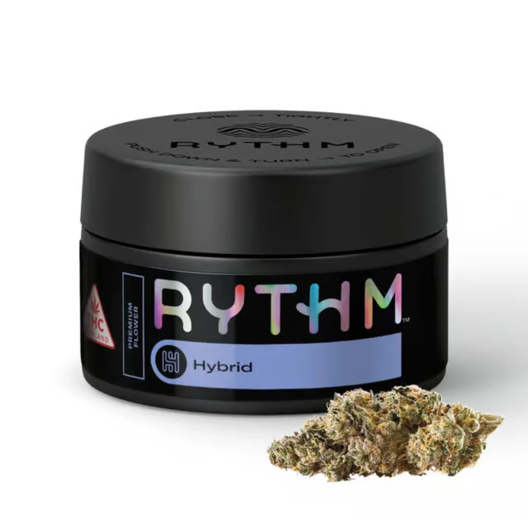 Rythm marijuana flower packaging with nug in front