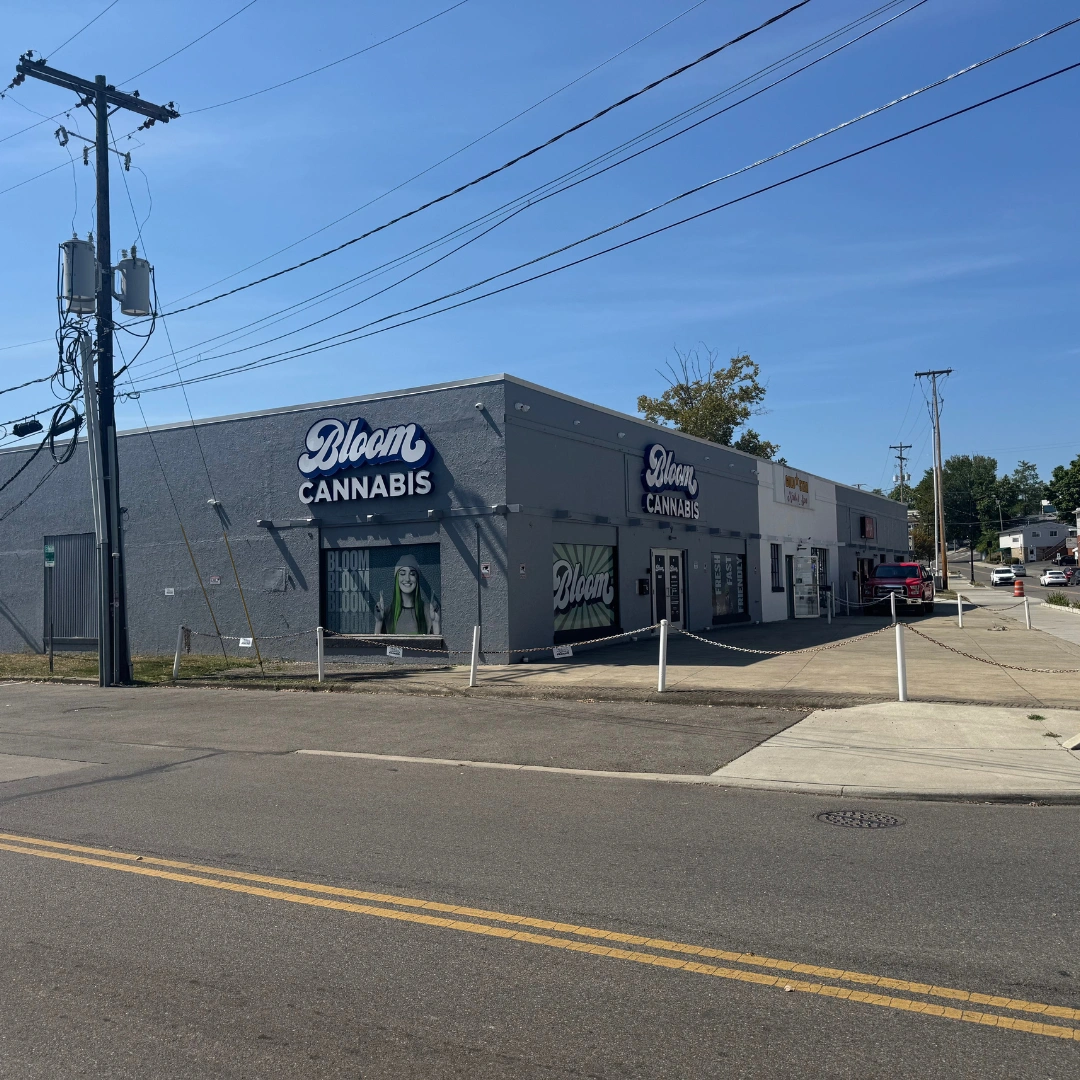 Street view of Bloom marijuana dispensary in Athens Ohio showing easy front of store parking