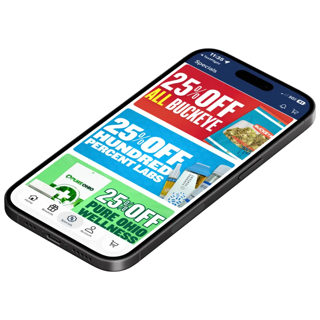 bloom dispensary app deals and discounts tab featuring 25% off buckeye, 25% off hundred percent labs and 25% off pure ohio wellness