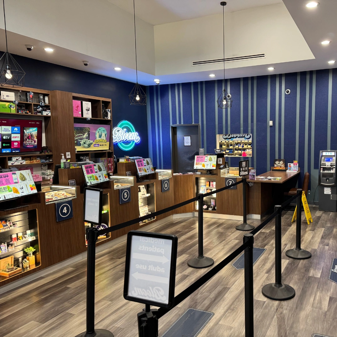 Bloom marijuana dispensary in Seven Mile Ohio interior with menu screens at each counter for medical and recreational customers to browse products