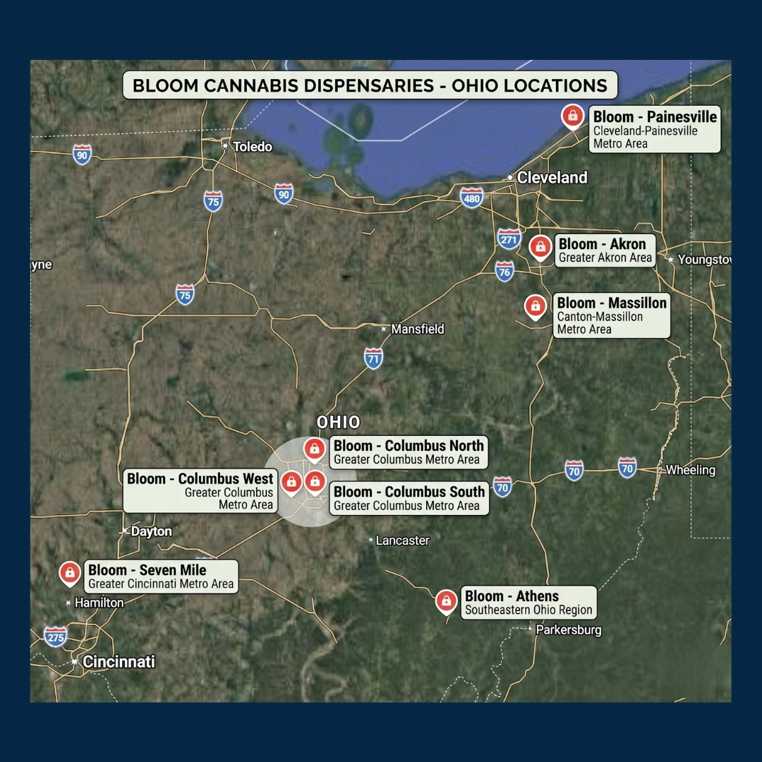 Map of Ohio showing all eight Bloom Cannabis dispensary locations and the metro areas each serves, including Akron, Athens, Columbus, Massillon, Painesville, and Seven Mile.