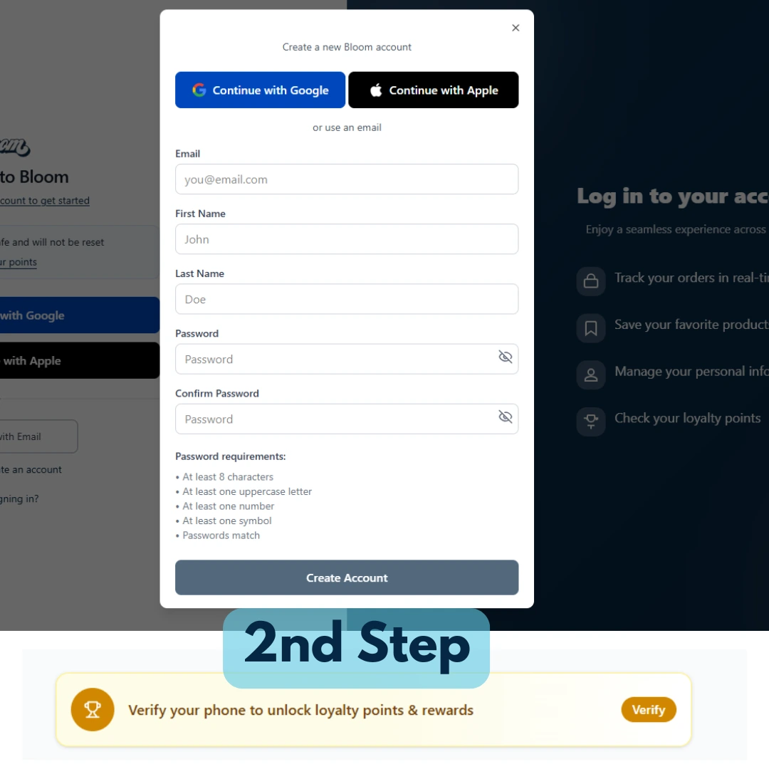 bloom marijuana account creation form for bloom dispensaries and phone number verification banner for points and rewards