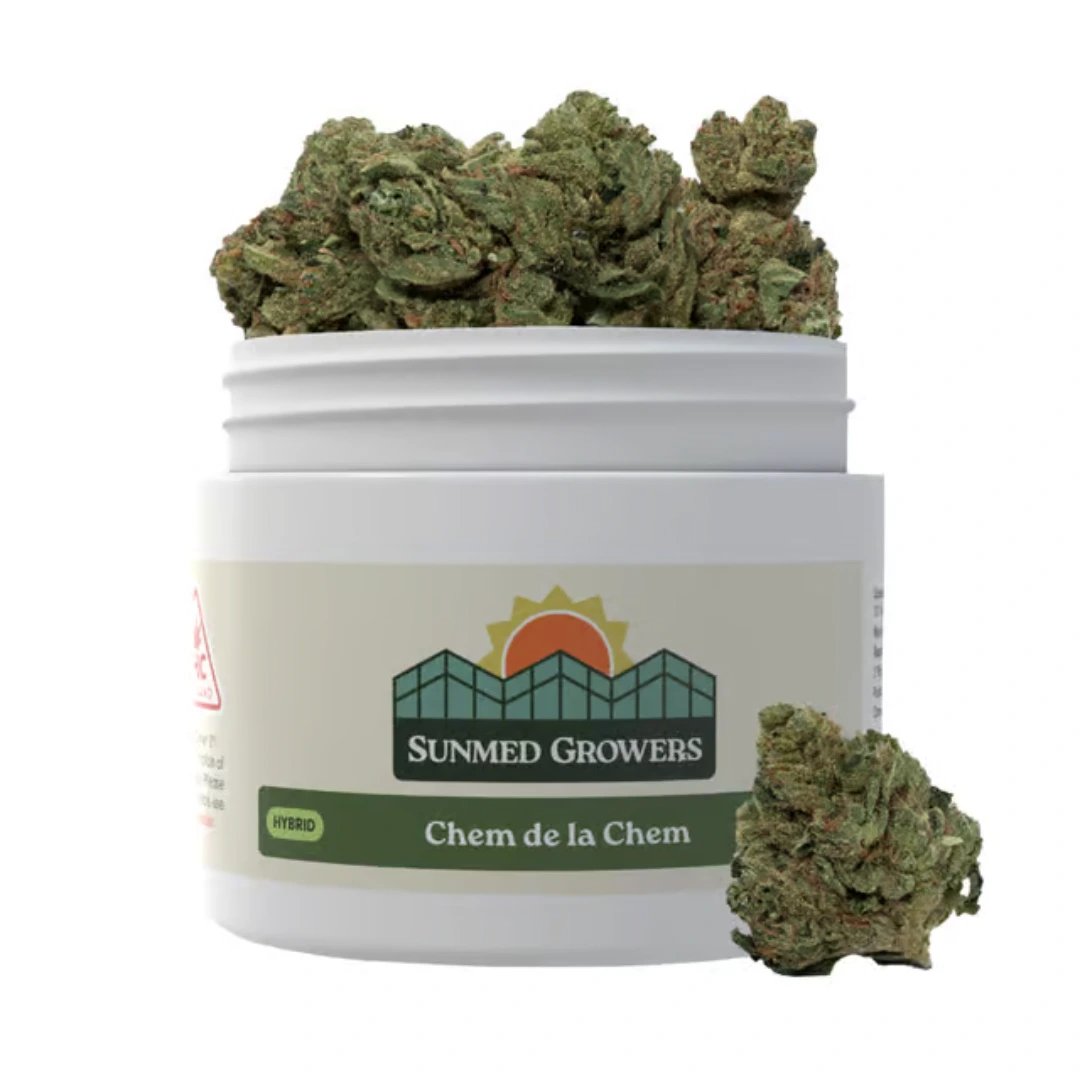 Sunmed Chem de la Chem flower strain nugs coming out of packaging