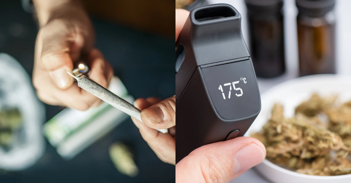 Cannabis joint and dry-herb vaporizer compared side by side.