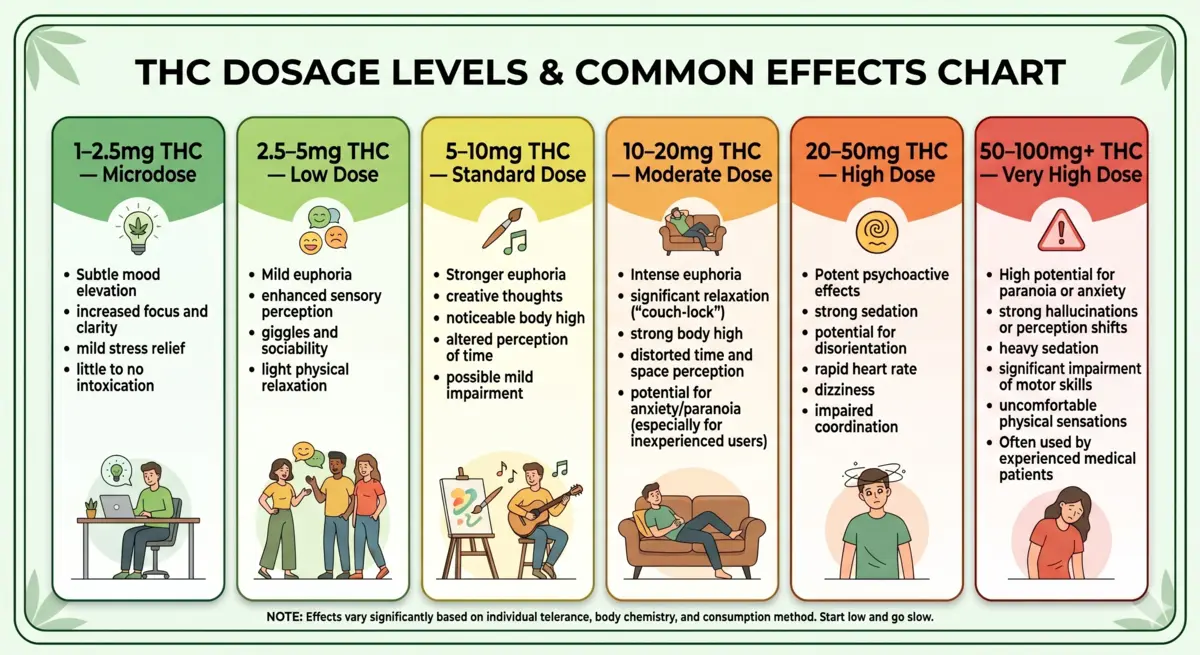 Cannabis edibles dosage chart showing THC dose ranges and expected effects.