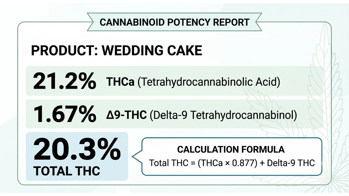 Cannabis potency label showing THCa at 21.2 percent, delta-9 THC at 1.67 percent, and total THC at 20.3 percent, with the total THC conversion formula.
