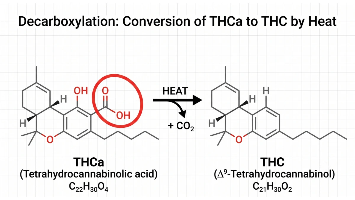 Molecular diagram comparing THCa and THC, showing the carboxyl group that heat removes to convert THCa into THC.
