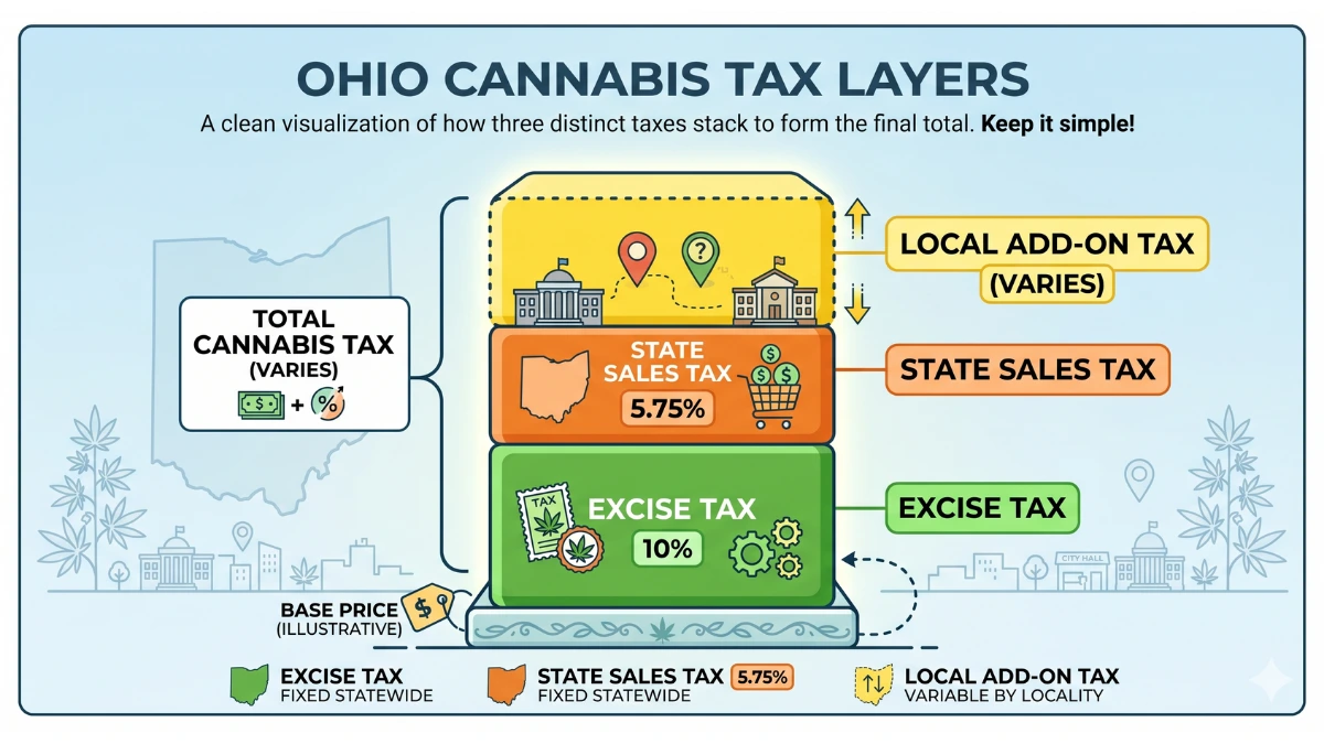 Ohio marijuana tax breakdown showing 10% excise tax plus state and local sales tax.