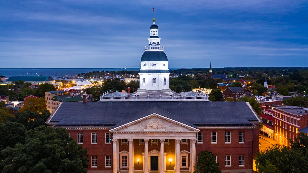 Maryland statehouse where the general assembly meets to pass cannabis laws