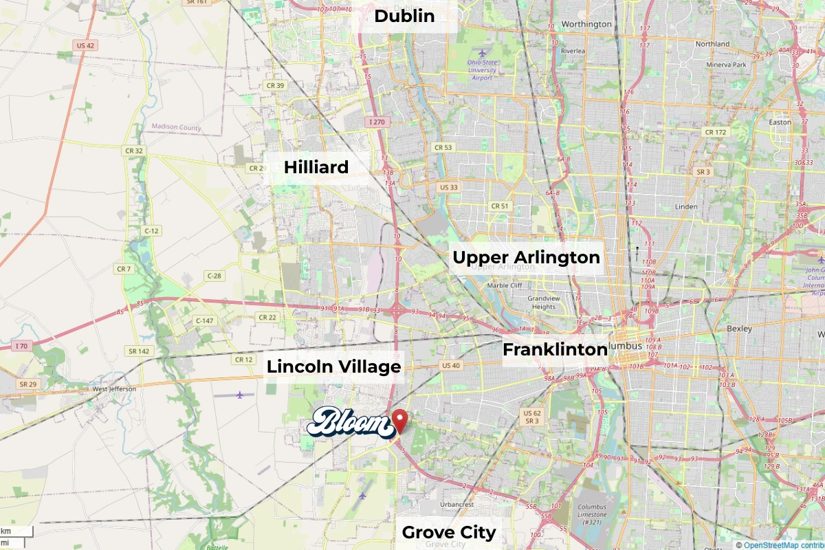 Map showing Bloom West Columbus Dispensary and nearby cities Dublin, Hilliard, Upper Arlington, Lincoln Village, Franklinton and Grove City