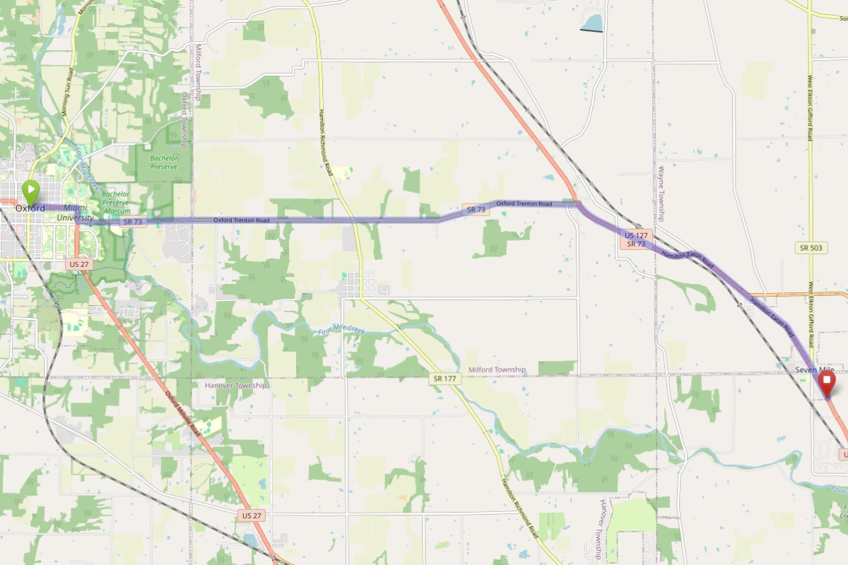 Map showing route from Oxford Ohio to Bloom Seven Mile Dispensary