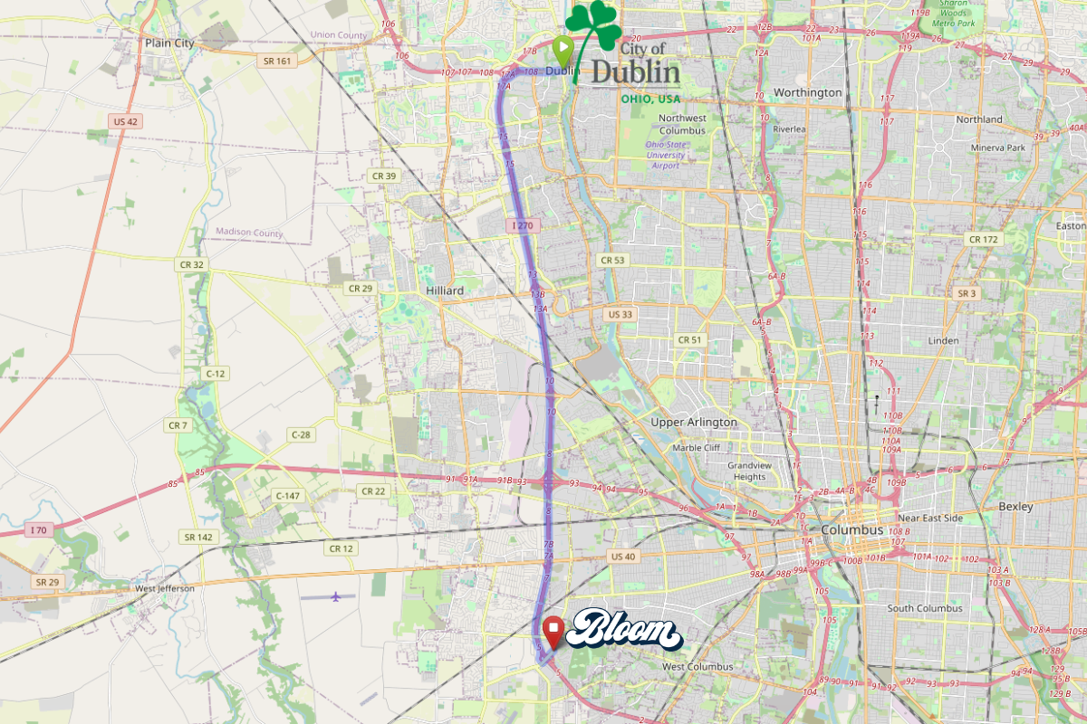 Map highlighting Dublin, Ohio and its proximity to Bloom Columbus dispensary on Georgesville Road