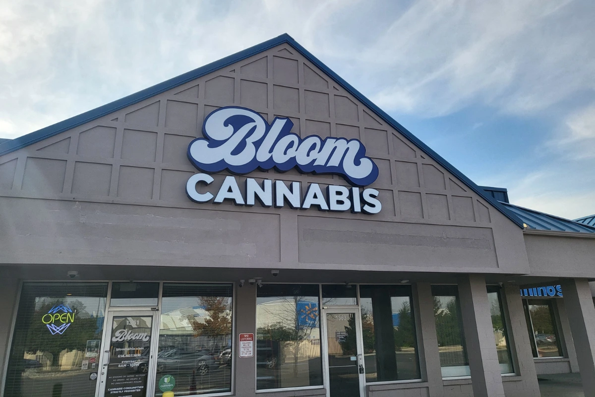 Bloom Cannabis West Columbus dispensary storefront exterior with prominent Bloom Cannabis signage.