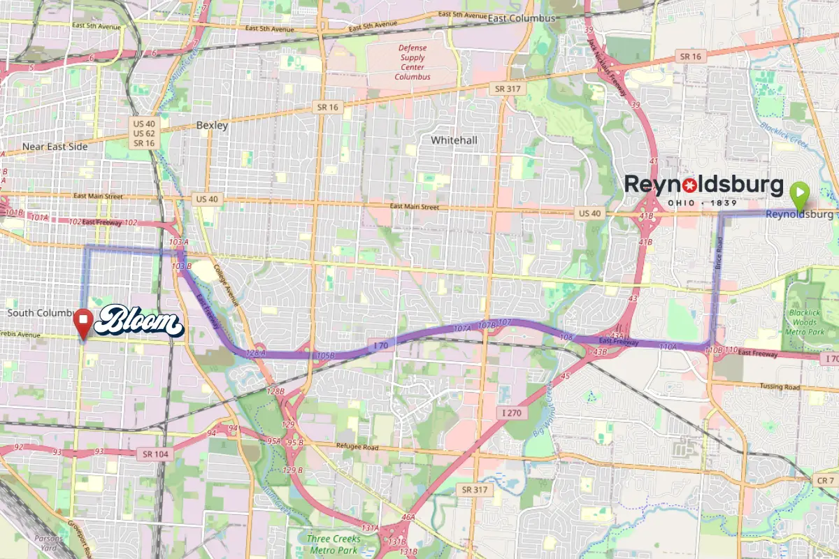 Map showing dispensary near Reynoldsburg Ohio Bloom South Columbus location