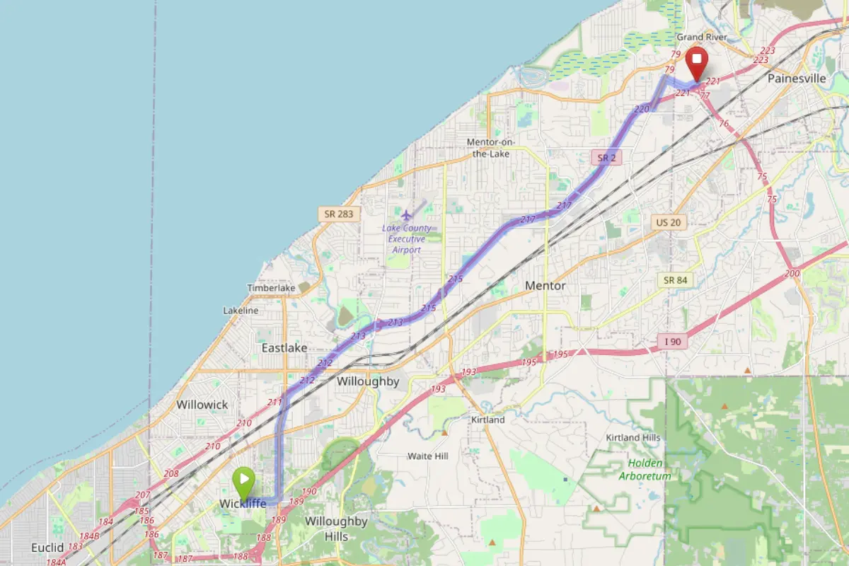 Map showing route from Wickliffe Ohio to Bloom Painesville Dispensary