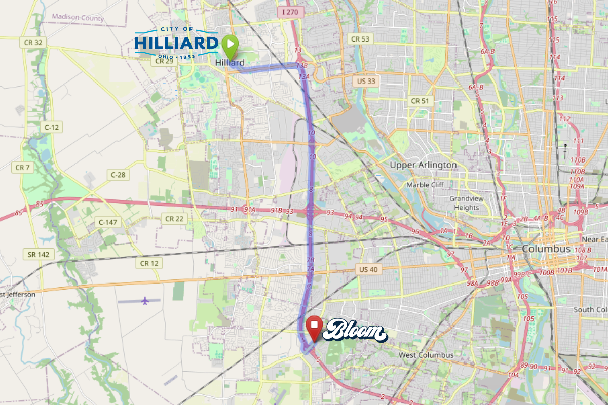 Map showing Hilliard, Ohio in relation to the Bloom Columbus cannabis dispensary
