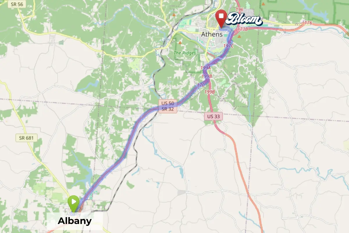 Map showing dispensary near Albany Ohio Bloom Athens area