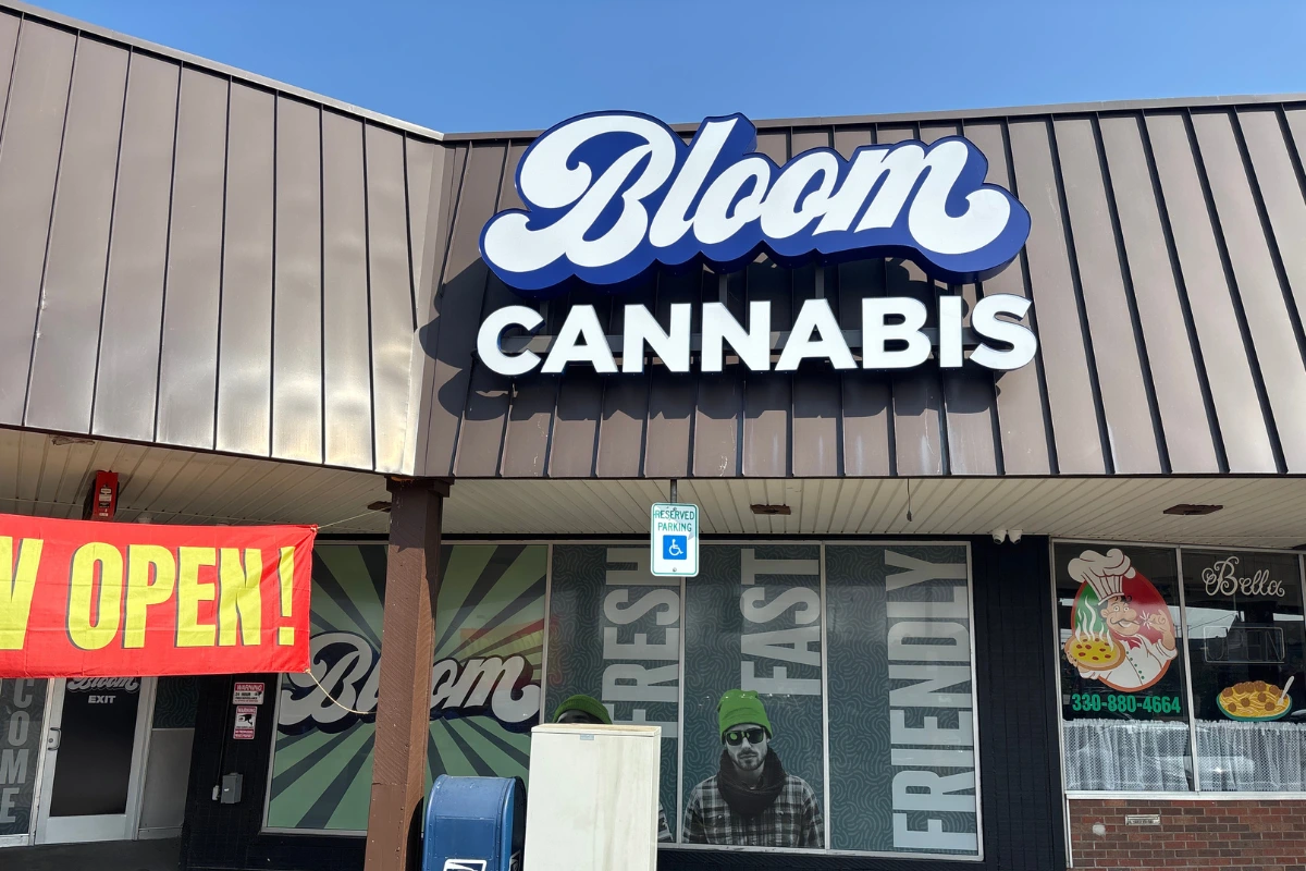 Bloom Cannabis Massillon dispensary storefront exterior with large Bloom logo and Now Open banner.