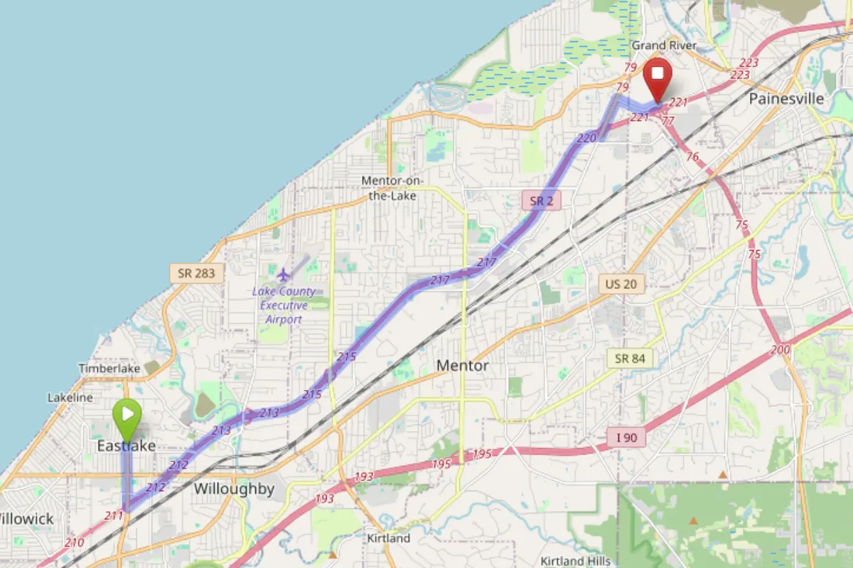 Map showing route from Eastlake Ohio to Bloom Painesville Dispensary