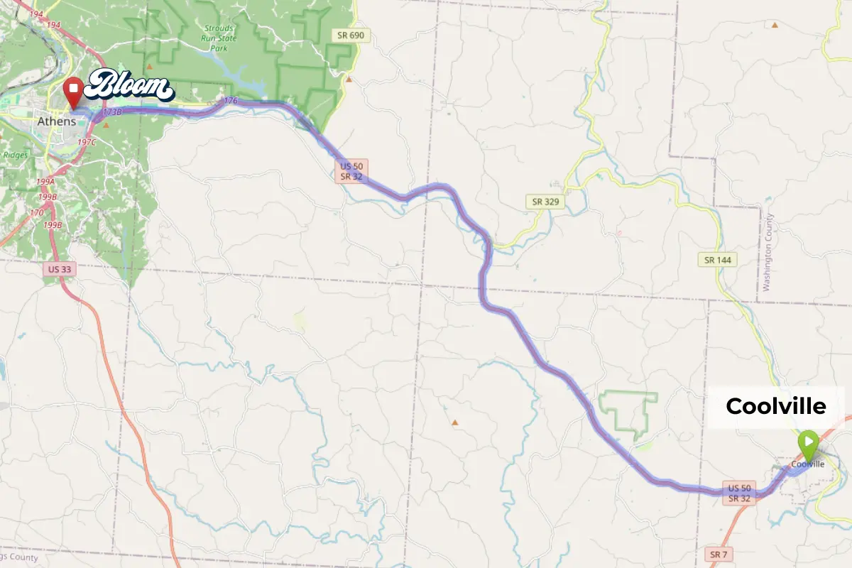 Map showing dispensary near Coolville Ohio Bloom Athens service area