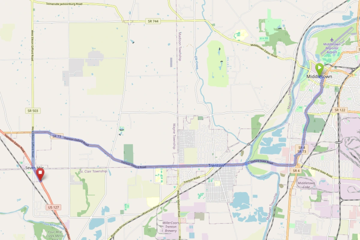 Map showing route from Middletown Ohio to Bloom Seven Mile Dispensary