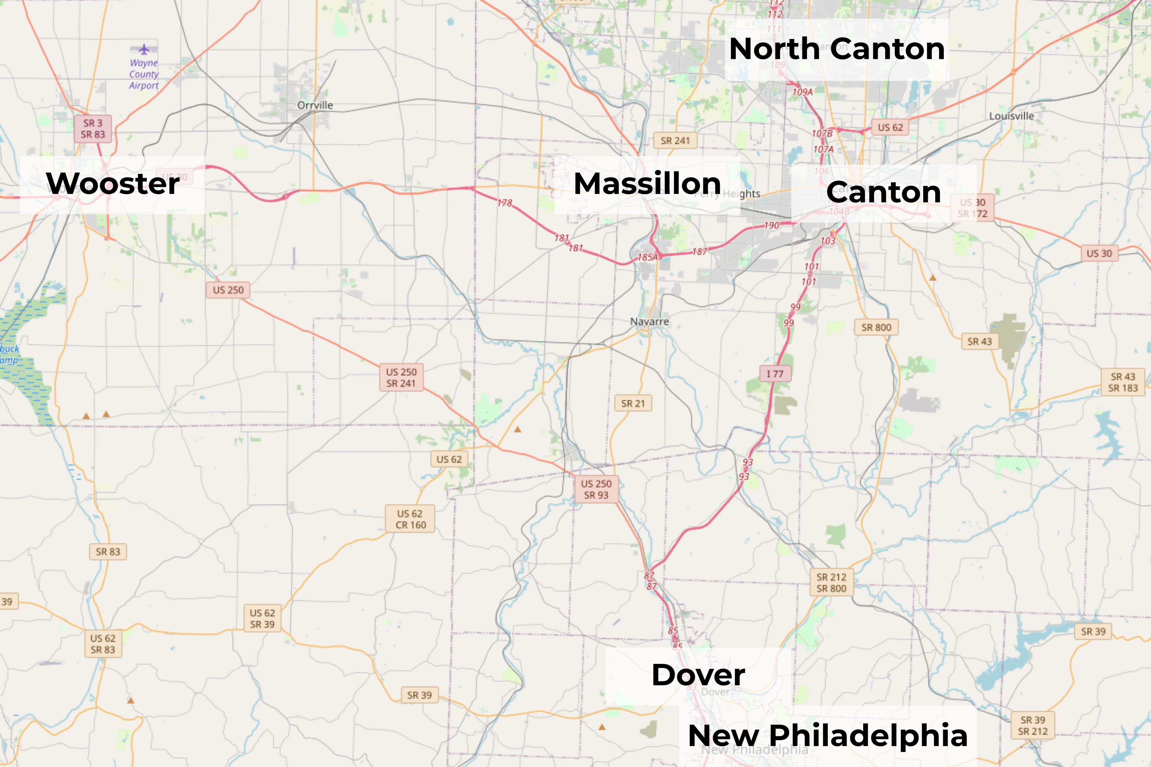 Map showing dispensaries near Massillon including Canton, North Canton, Wooster, Dover, New Philadelphia