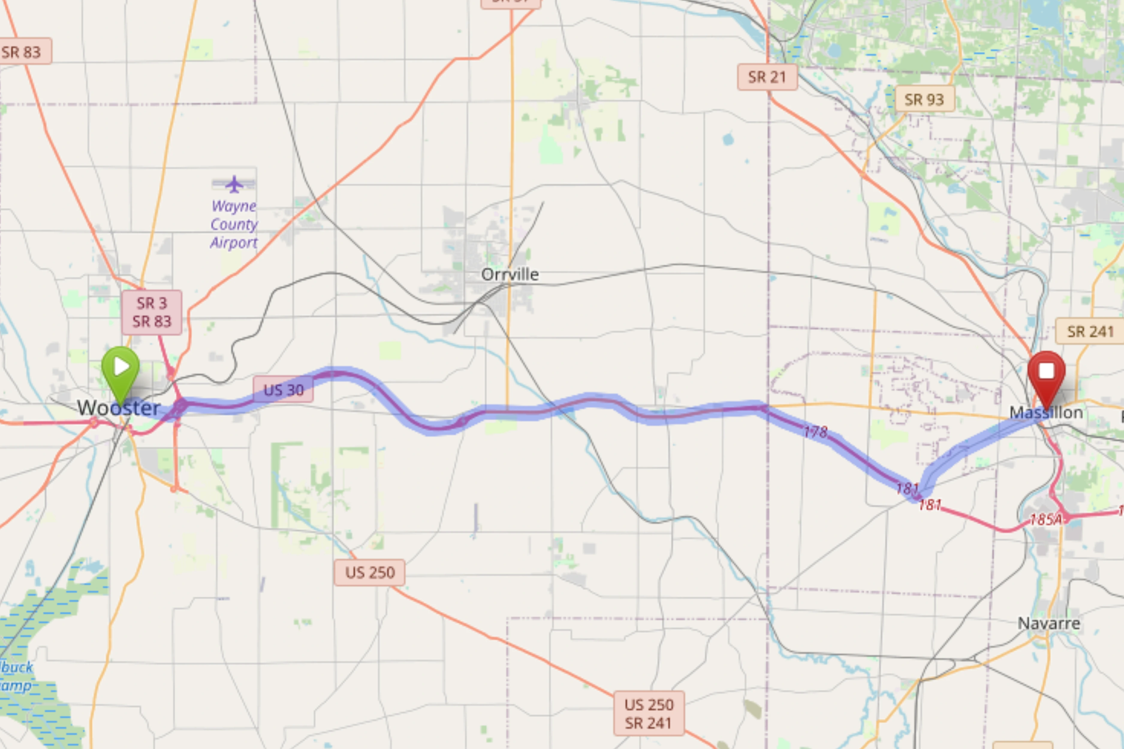 Map showing route from Wooster to Bloom Massillon Dispensary