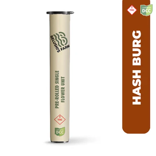 Belushi's Farm Hash Burger pre-roll packaging tube available at Bloom dispensaries in Ohio.