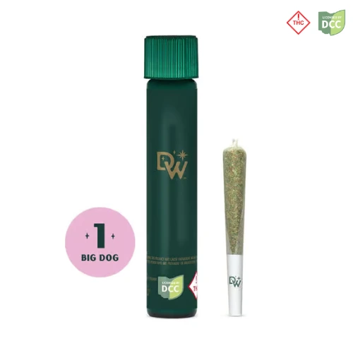 Dog Walkers Afternoon Delight mini 0.75g pre-roll beside its packaging tube, available at Bloom dispensaries in Ohio.