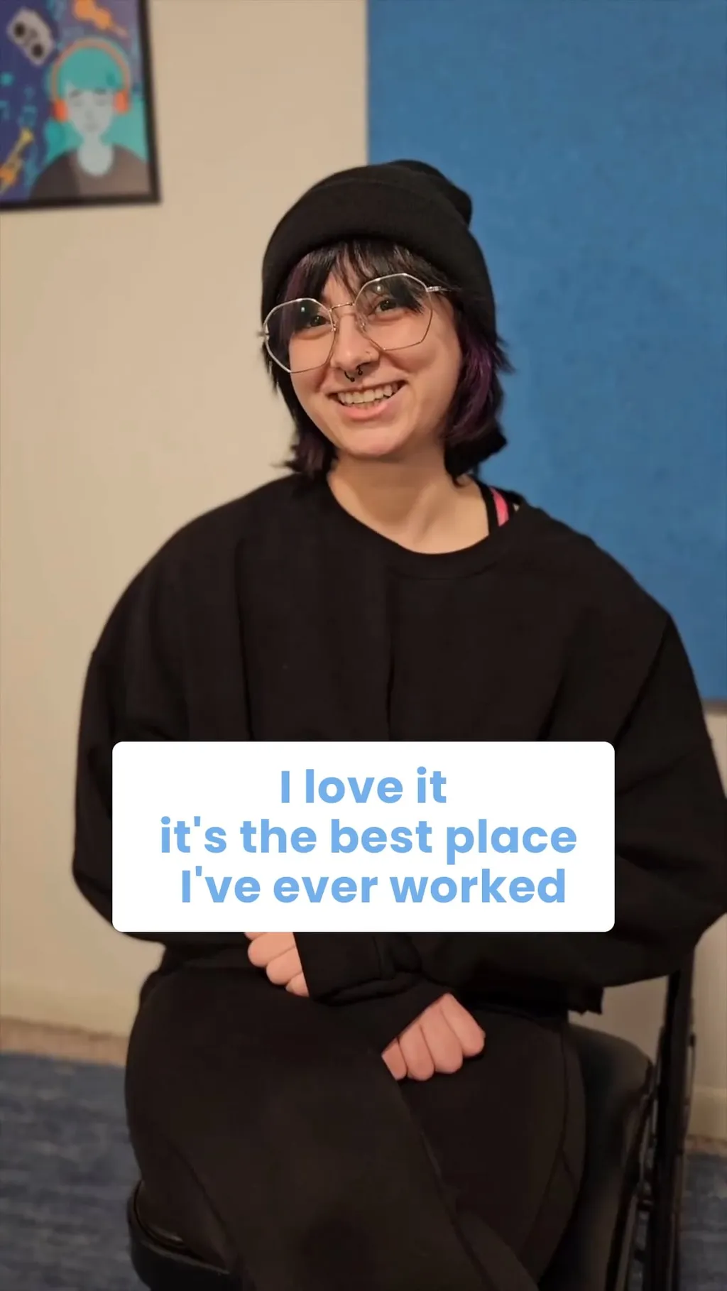 A Musicologie teacher smiling and saying "It's the best place I've ever worked"
