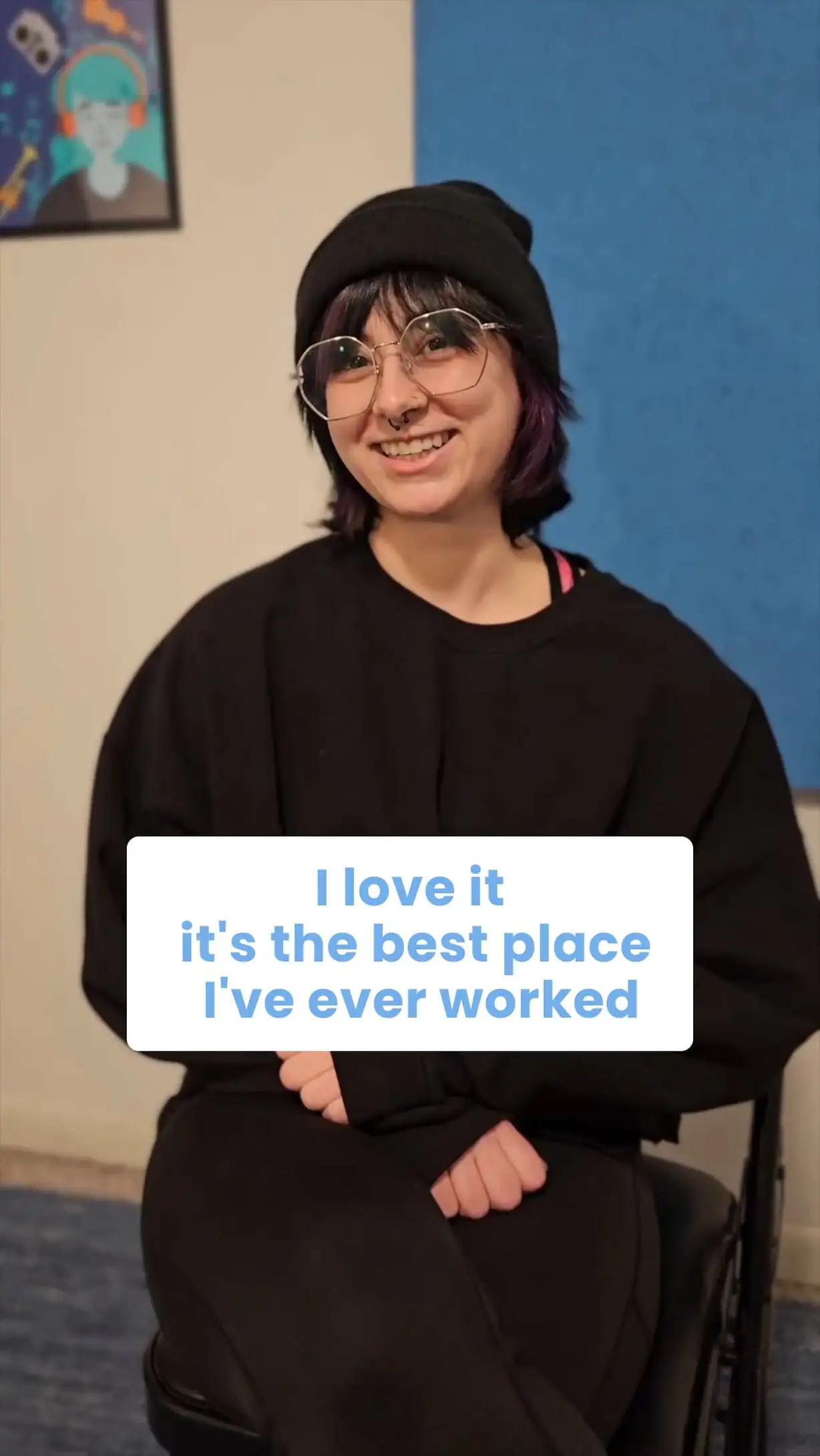 A Musicologie teacher smiling and saying "It's the best place I've ever worked"